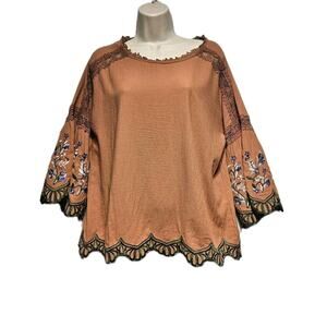 Umgee‎ Crochet Eyelet Puff Sleeve Top Womens SZ S Cottagecore Boho Peasant Brown